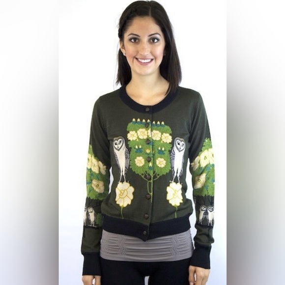 The Knitted Dove Who's Who Owl Wool Blend Sweater Cardigan Artsy Teacher sz l